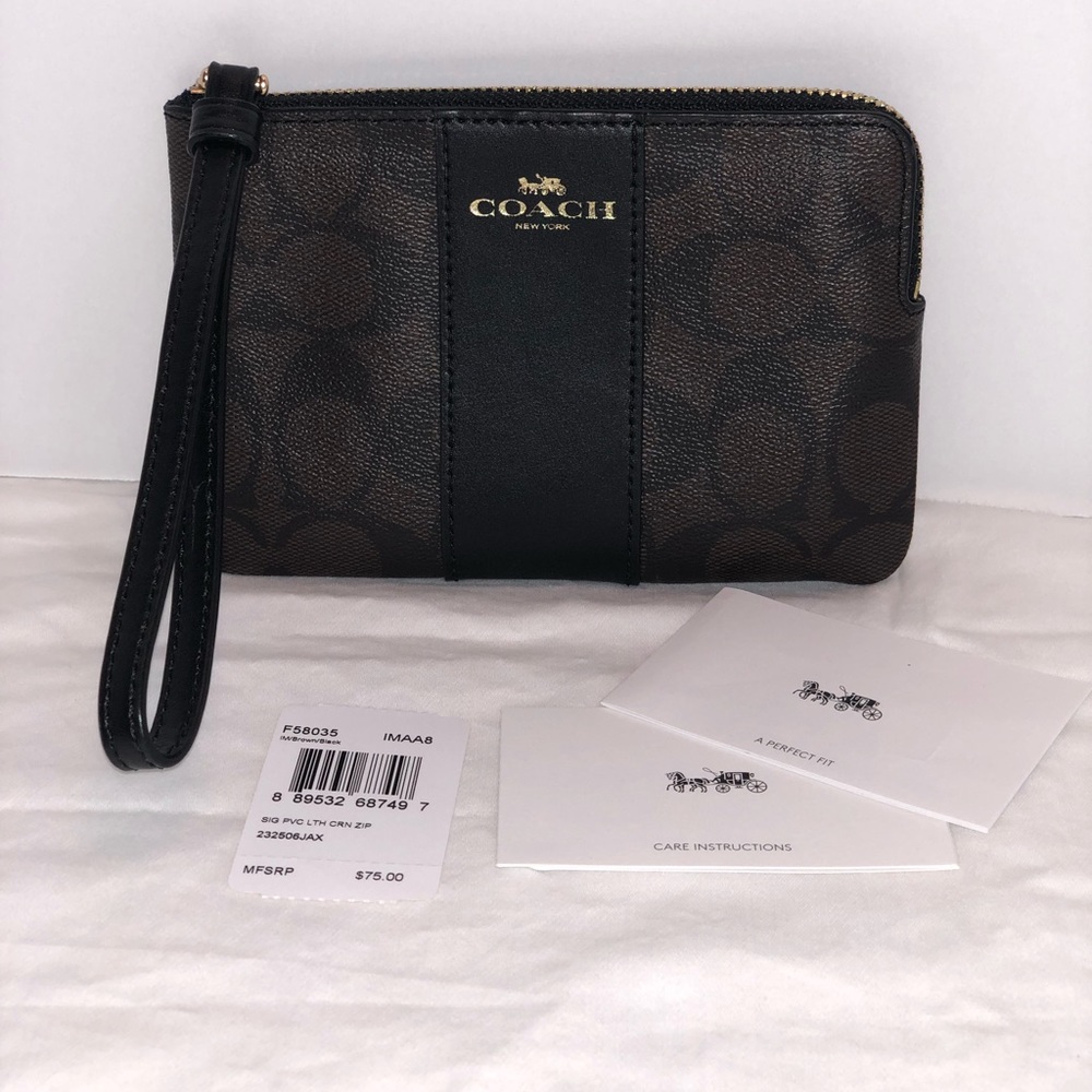 NWT Coach Zip Wristlet Wallet Signature BrownBlack